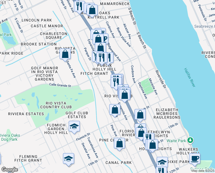 map of restaurants, bars, coffee shops, grocery stores, and more near 1707 State Avenue in Holly Hill