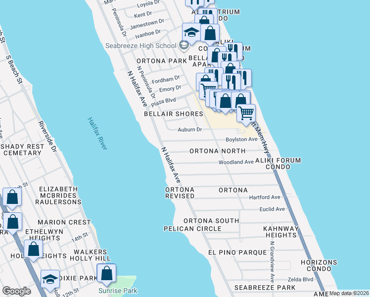 map of restaurants, bars, coffee shops, grocery stores, and more near 257 Williams Avenue in Daytona Beach