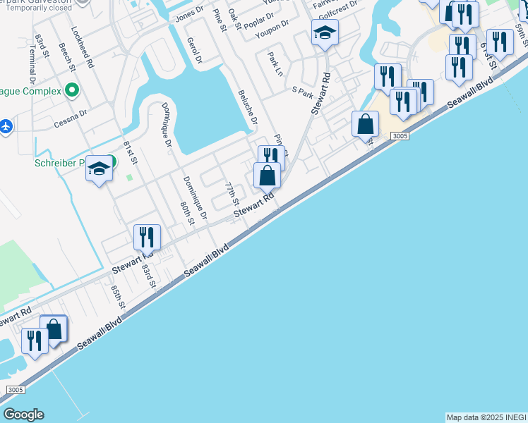 map of restaurants, bars, coffee shops, grocery stores, and more near 7600 Seawall Boulevard in Galveston