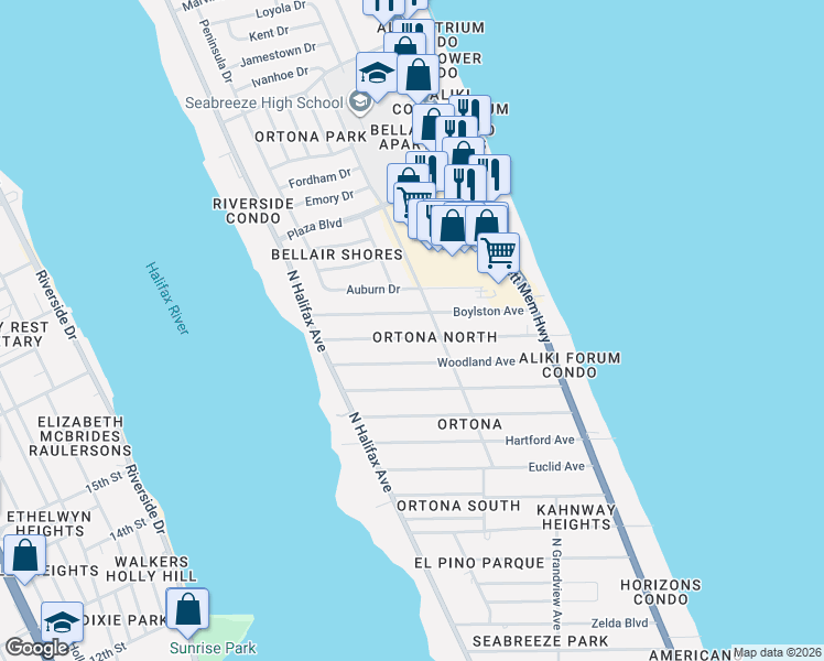 map of restaurants, bars, coffee shops, grocery stores, and more near 290 Williams Avenue in Daytona Beach