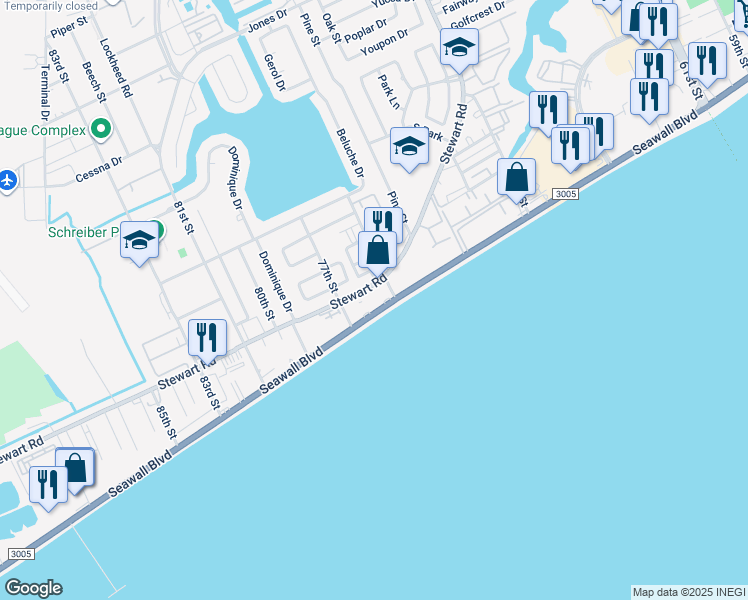 map of restaurants, bars, coffee shops, grocery stores, and more near 7600 Seawall Boulevard in Galveston