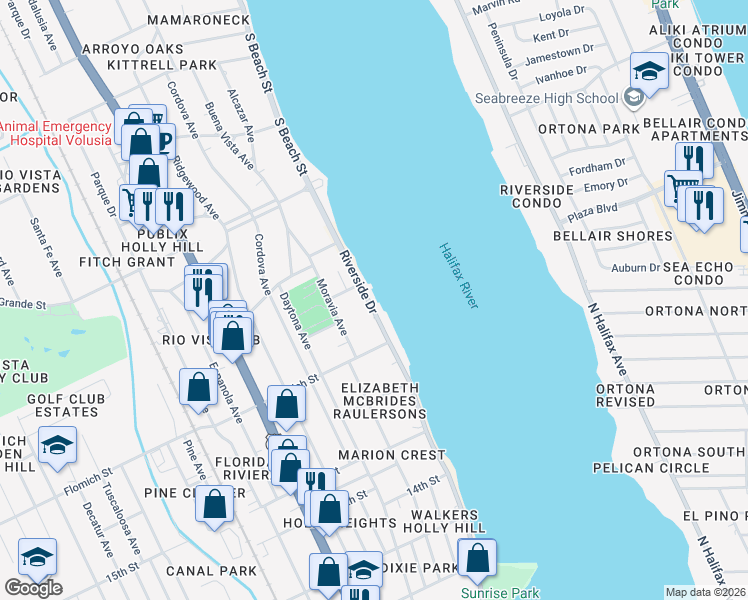 map of restaurants, bars, coffee shops, grocery stores, and more near 1629 Riverside Drive in Daytona Beach