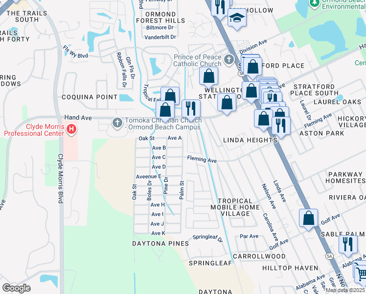 map of restaurants, bars, coffee shops, grocery stores, and more near 1204 Ave A in Ormond Beach