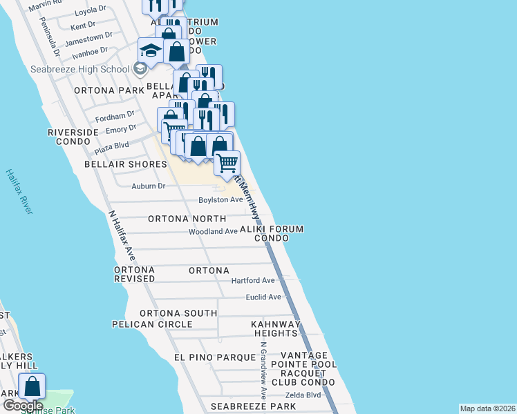 map of restaurants, bars, coffee shops, grocery stores, and more near 384 Williams Avenue in Daytona Beach