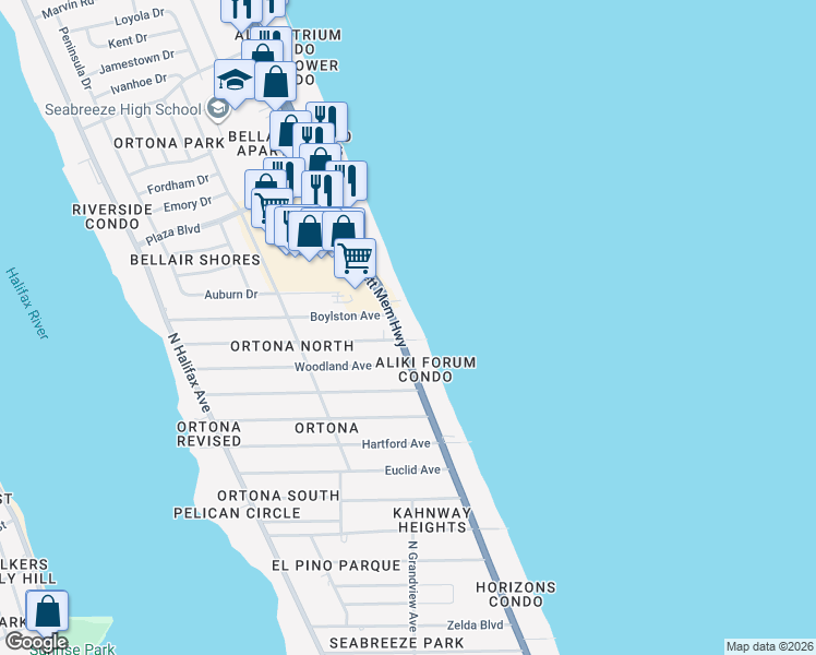 map of restaurants, bars, coffee shops, grocery stores, and more near 384 Williams Avenue in Daytona Beach