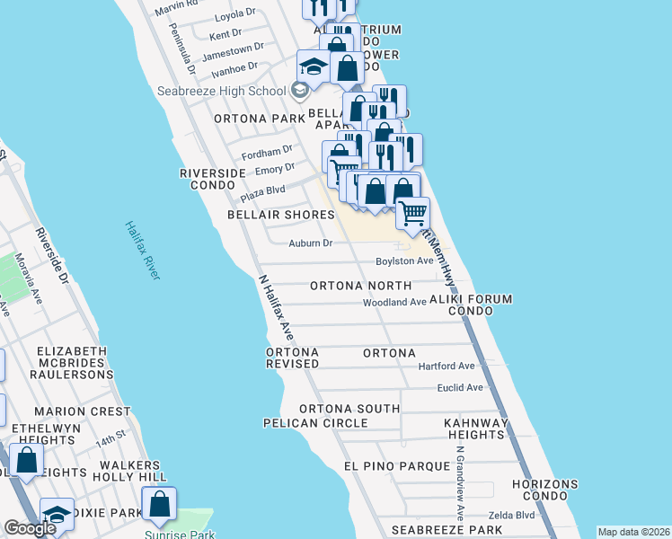 map of restaurants, bars, coffee shops, grocery stores, and more near 290 Williams Avenue in Daytona Beach
