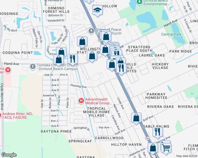 map of restaurants, bars, coffee shops, grocery stores, and more near Shangri Lane Circle in Ormond Beach
