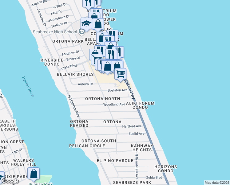 map of restaurants, bars, coffee shops, grocery stores, and more near 350 Williams Avenue in Daytona Beach