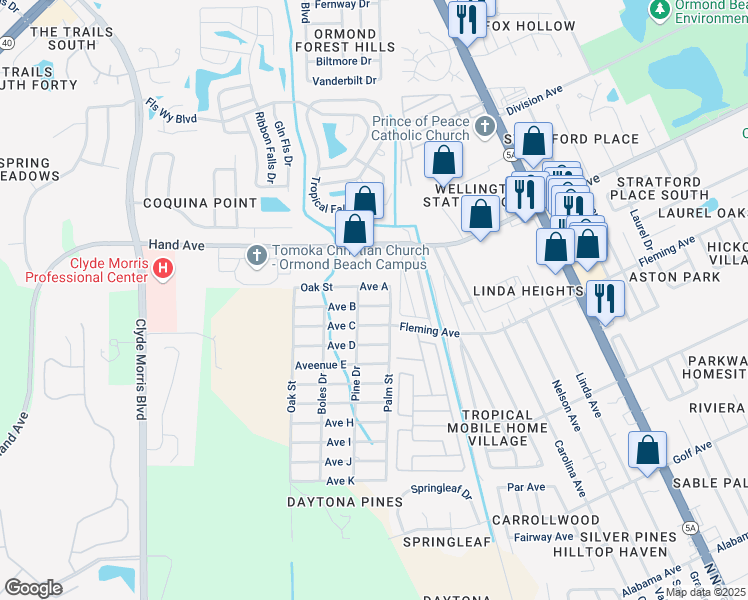 map of restaurants, bars, coffee shops, grocery stores, and more near 1704 Avenue B in Ormond Beach