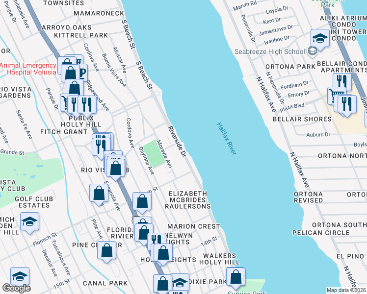 map of restaurants, bars, coffee shops, grocery stores, and more near 1629 Riverside Drive in Daytona Beach