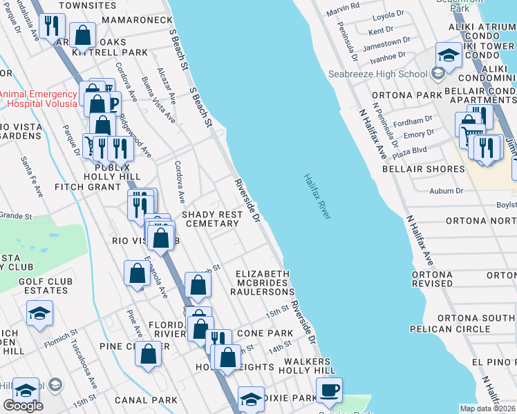 map of restaurants, bars, coffee shops, grocery stores, and more near 1671 Riverside Drive in Holly Hill