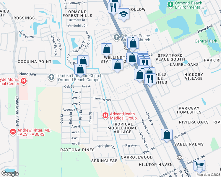 map of restaurants, bars, coffee shops, grocery stores, and more near 12 Shangri Lane Drive in Ormond Beach