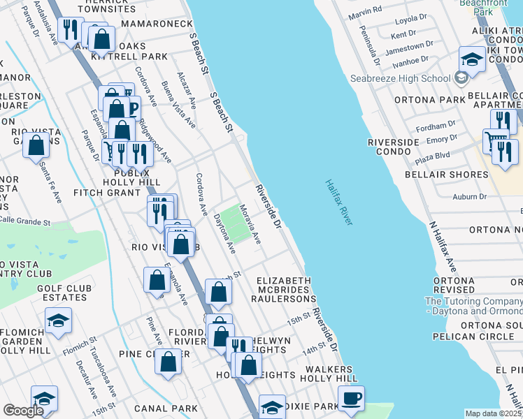map of restaurants, bars, coffee shops, grocery stores, and more near 1654 Beach Drive in Holly Hill