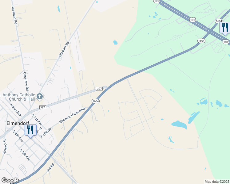 map of restaurants, bars, coffee shops, grocery stores, and more near 8600 South Loop 1604 East in Elmendorf