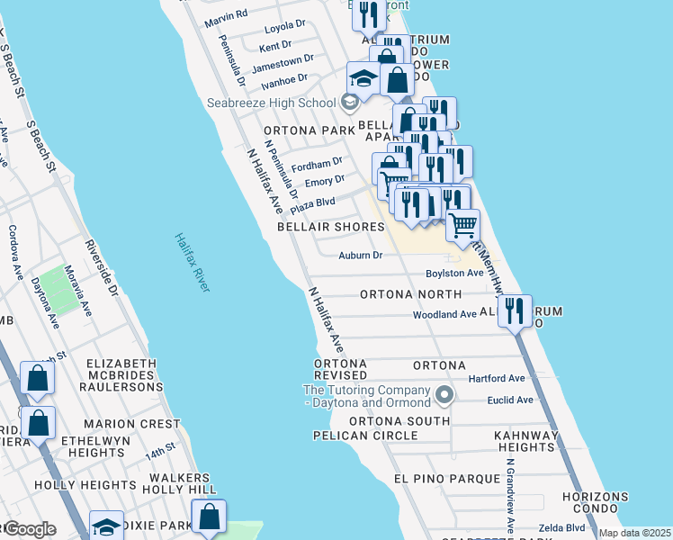 map of restaurants, bars, coffee shops, grocery stores, and more near 229 Boylston Avenue in Daytona Beach