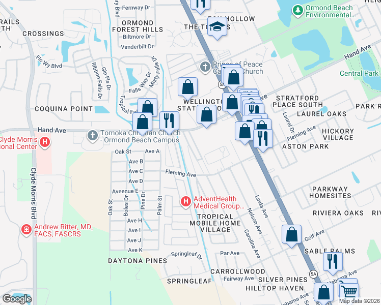 map of restaurants, bars, coffee shops, grocery stores, and more near 12 Shangri Lane Drive in Ormond Beach