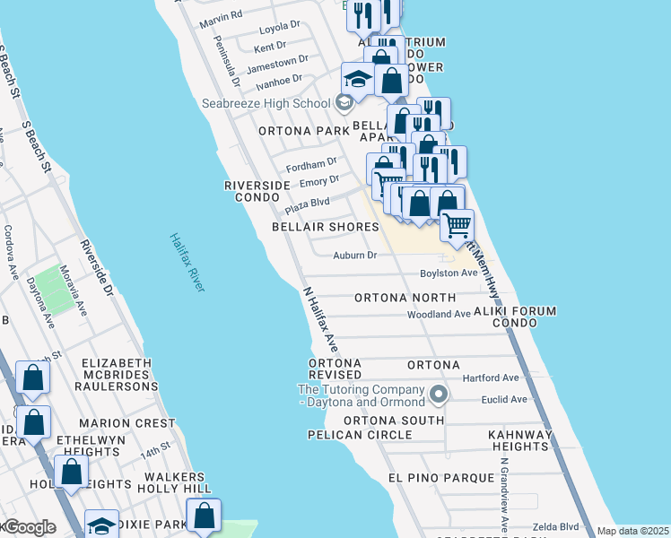 map of restaurants, bars, coffee shops, grocery stores, and more near 312 Auburn Drive in Daytona Beach