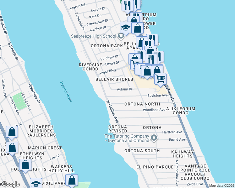 map of restaurants, bars, coffee shops, grocery stores, and more near 312 Auburn Drive in Daytona Beach