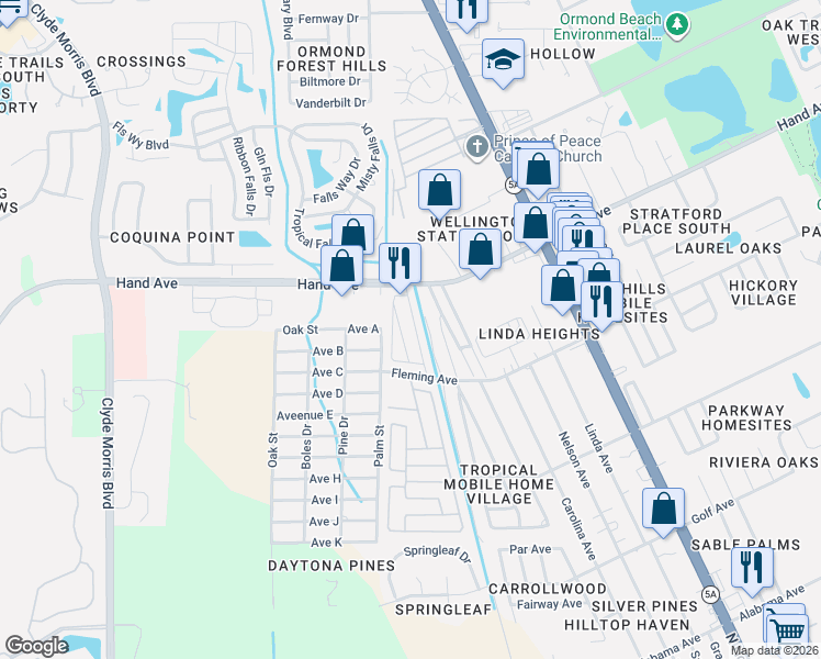 map of restaurants, bars, coffee shops, grocery stores, and more near 57 Shangri Lane Drive in Ormond Beach