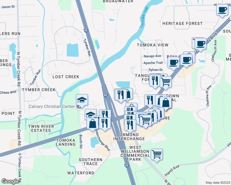 map of restaurants, bars, coffee shops, grocery stores, and more near 100 Saint Georges Road in Ormond Beach