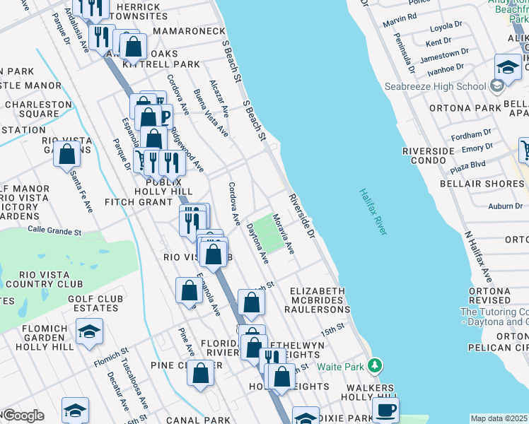 map of restaurants, bars, coffee shops, grocery stores, and more near 139 Granada Street in Daytona Beach
