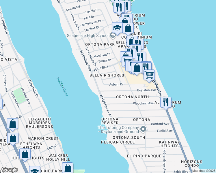 map of restaurants, bars, coffee shops, grocery stores, and more near 312 Auburn Drive in Daytona Beach