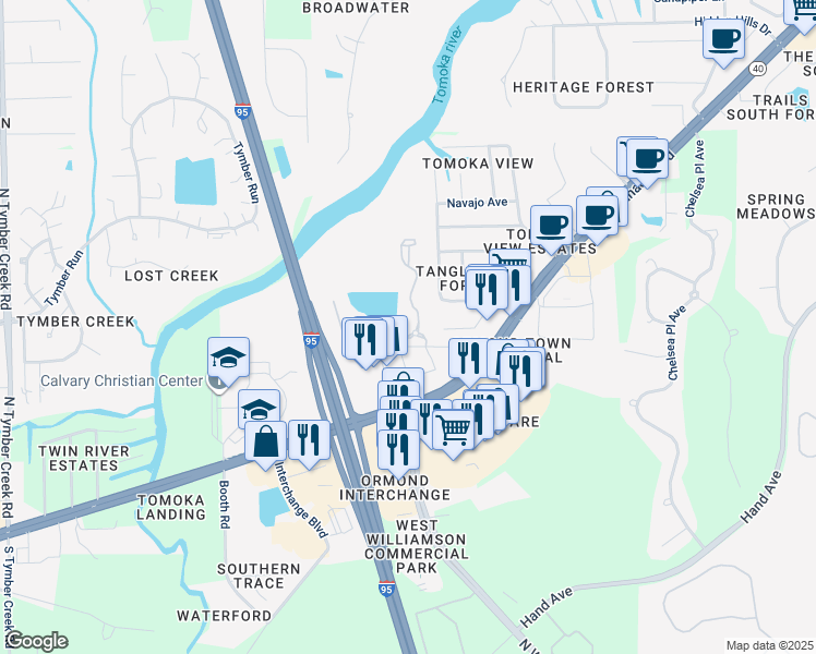 map of restaurants, bars, coffee shops, grocery stores, and more near 100 Hamilton Circle in Ormond Beach