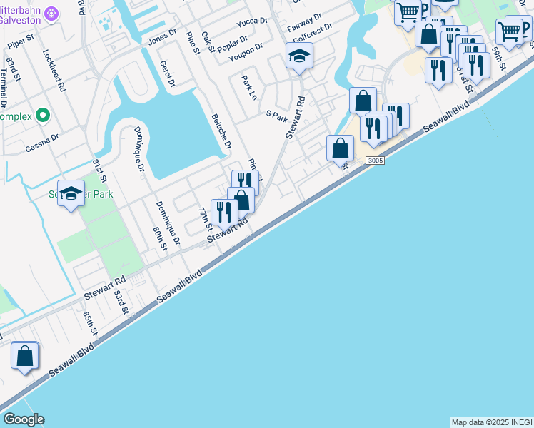 map of restaurants, bars, coffee shops, grocery stores, and more near 7312 Seawall Boulevard in Galveston