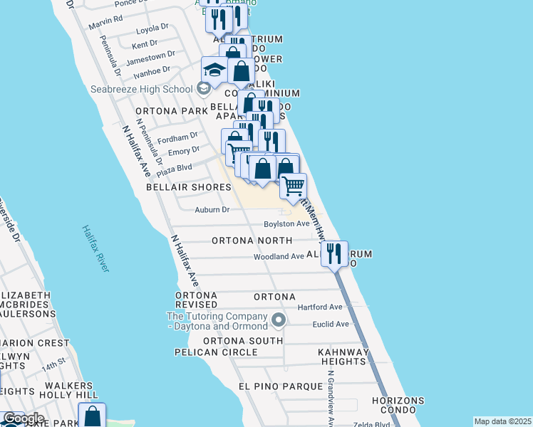map of restaurants, bars, coffee shops, grocery stores, and more near 416 Auburn Dr in Daytona Beach