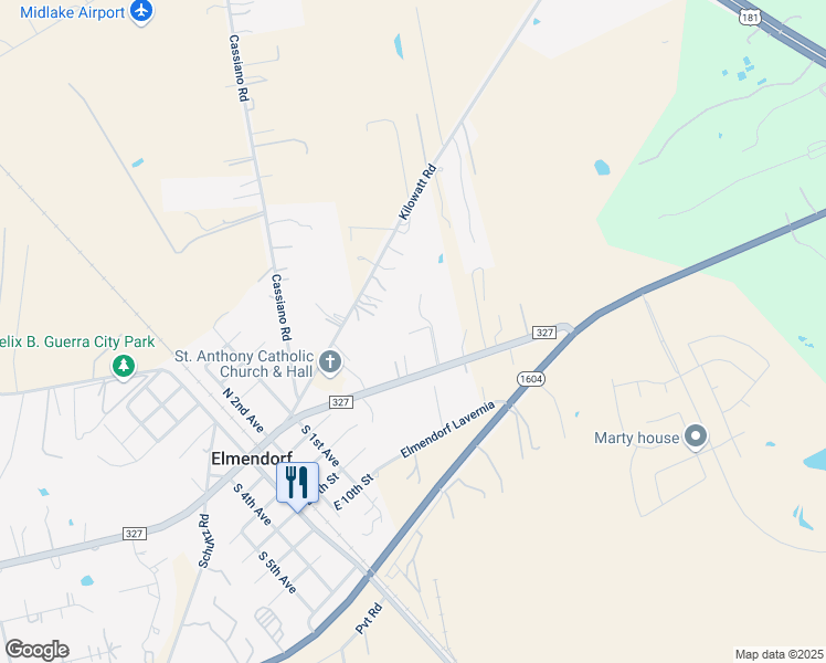 map of restaurants, bars, coffee shops, grocery stores, and more near 8315 County Road in Elmendorf