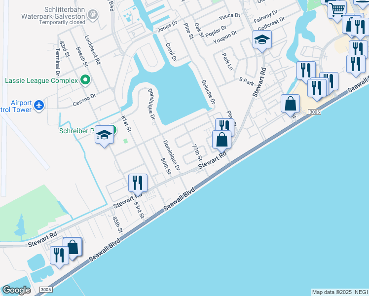 map of restaurants, bars, coffee shops, grocery stores, and more near 7754 Beaudelaire Circle in Galveston