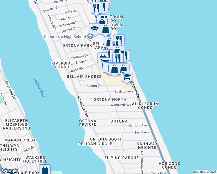 map of restaurants, bars, coffee shops, grocery stores, and more near in Daytona Beach