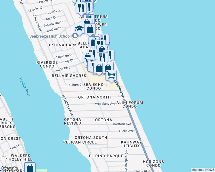 map of restaurants, bars, coffee shops, grocery stores, and more near 2421 North Atlantic Avenue in Daytona Beach