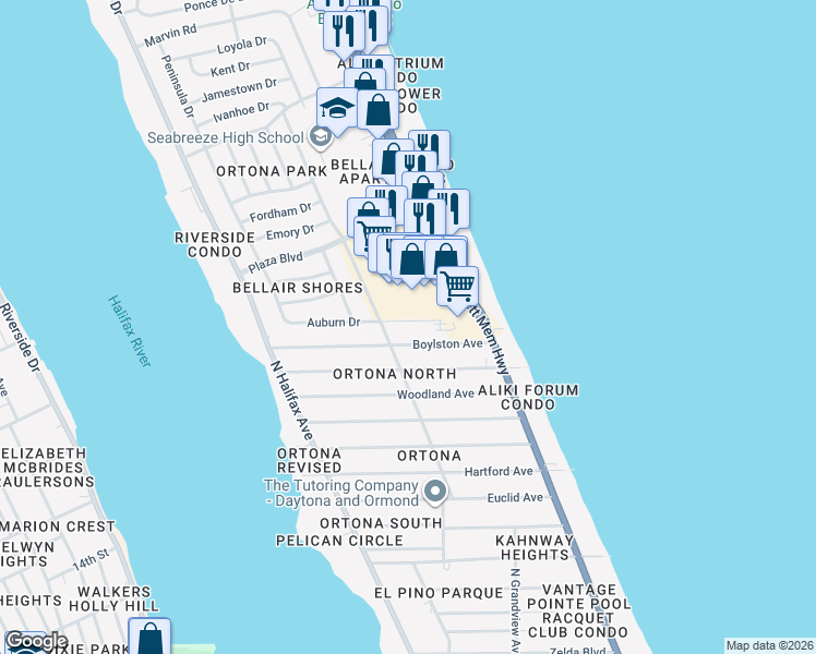 map of restaurants, bars, coffee shops, grocery stores, and more near 416 Auburn Drive in Daytona Beach