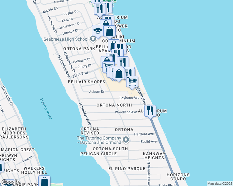 map of restaurants, bars, coffee shops, grocery stores, and more near 416 Auburn Drive in Daytona Beach