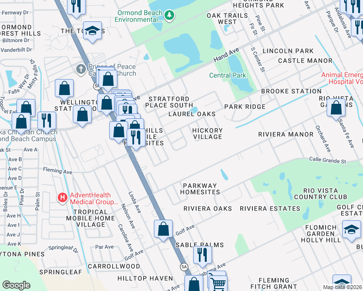 map of restaurants, bars, coffee shops, grocery stores, and more near 23 Aston Circle in Ormond Beach