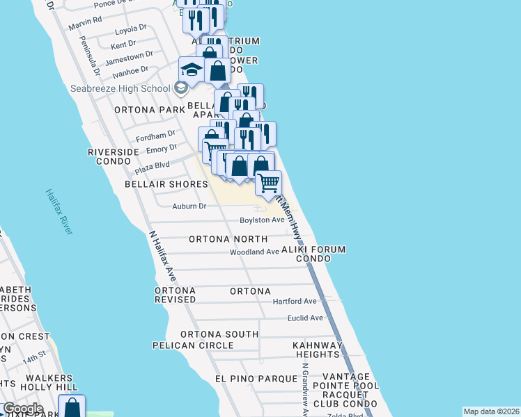 map of restaurants, bars, coffee shops, grocery stores, and more near 2421 North Atlantic Avenue in Daytona Beach