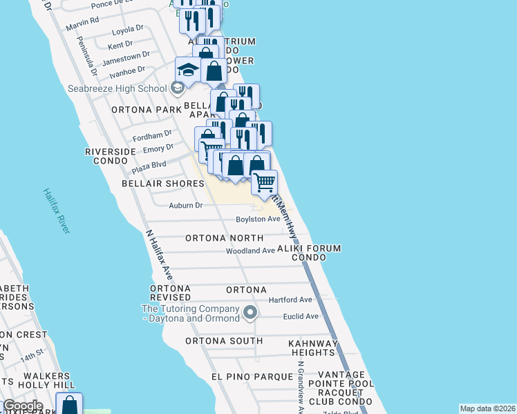 map of restaurants, bars, coffee shops, grocery stores, and more near 2421 North Atlantic Avenue in Daytona Beach