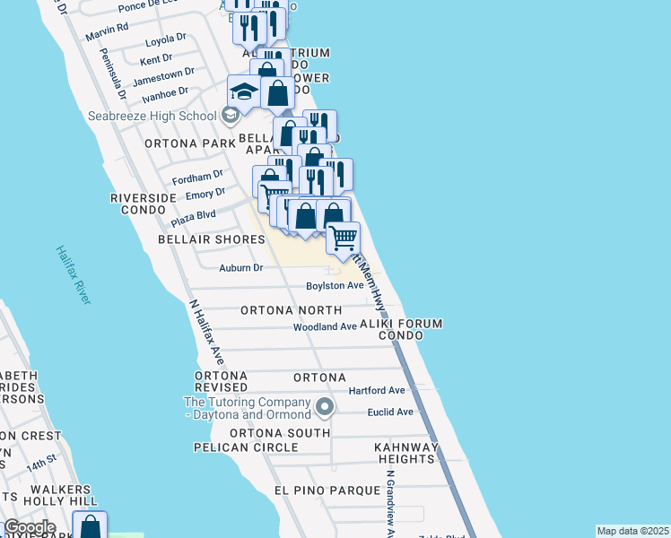 map of restaurants, bars, coffee shops, grocery stores, and more near 2421 North Atlantic Avenue in Daytona Beach