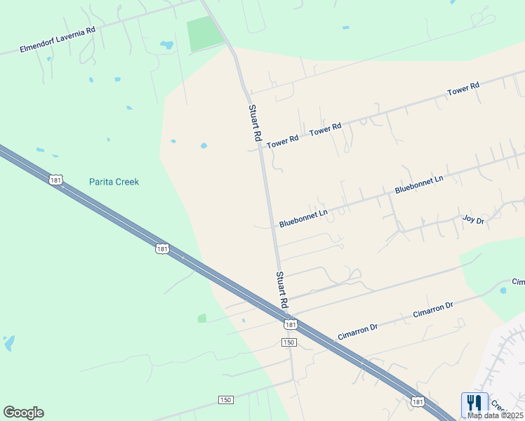 map of restaurants, bars, coffee shops, grocery stores, and more near 16219 County Road 350 in San Antonio