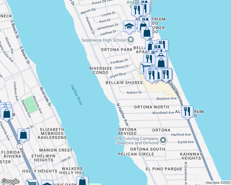 map of restaurants, bars, coffee shops, grocery stores, and more near 2414 North Halifax Avenue in Daytona Beach