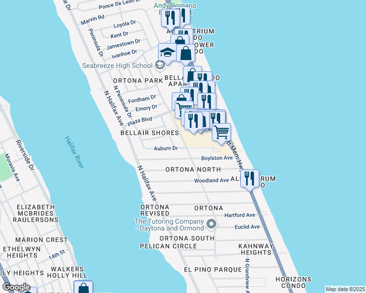 map of restaurants, bars, coffee shops, grocery stores, and more near in Daytona Beach