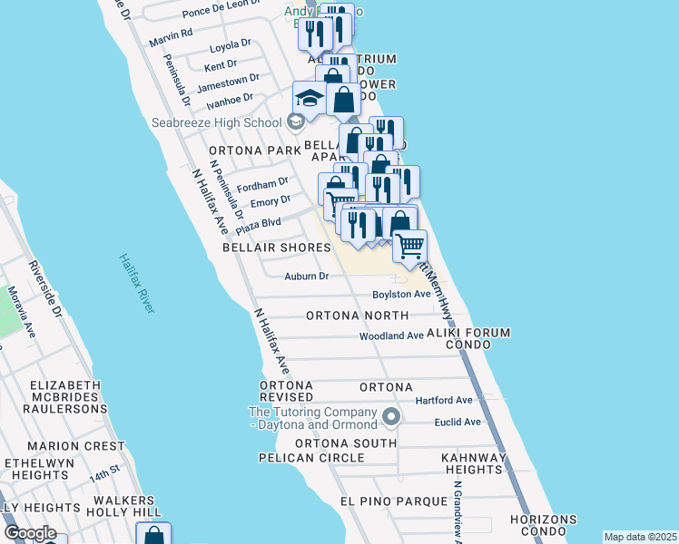 map of restaurants, bars, coffee shops, grocery stores, and more near in Daytona Beach