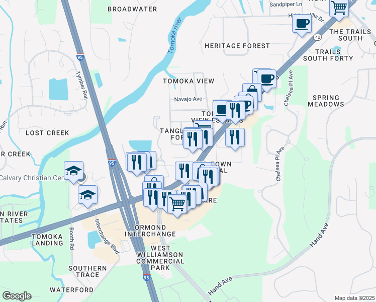 map of restaurants, bars, coffee shops, grocery stores, and more near 100 Greenbriar Avenue in Ormond Beach