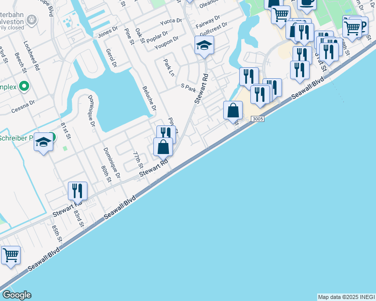 map of restaurants, bars, coffee shops, grocery stores, and more near 7310 Seawall Boulevard in Galveston