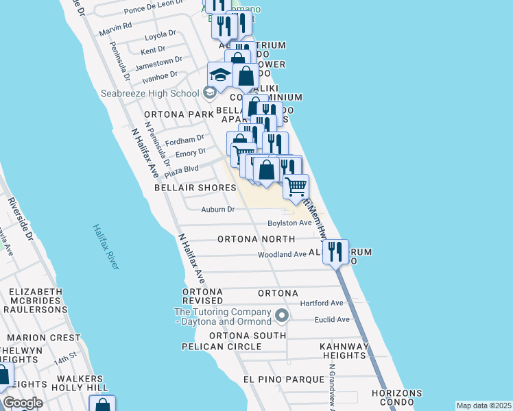 map of restaurants, bars, coffee shops, grocery stores, and more near 407 Auburn Drive in Daytona Beach