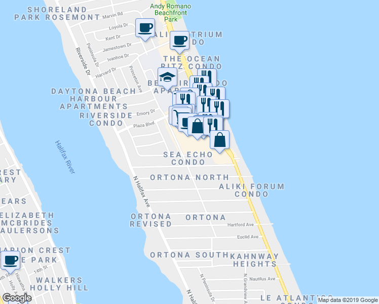 map of restaurants, bars, coffee shops, grocery stores, and more near in Daytona Beach