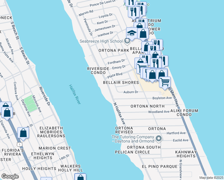 map of restaurants, bars, coffee shops, grocery stores, and more near 2414 North Halifax Avenue in Daytona Beach