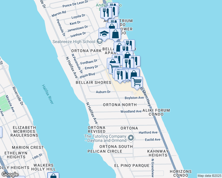 map of restaurants, bars, coffee shops, grocery stores, and more near in Daytona Beach