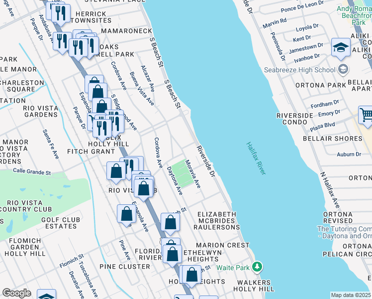 map of restaurants, bars, coffee shops, grocery stores, and more near 139 Granada Street in Daytona Beach